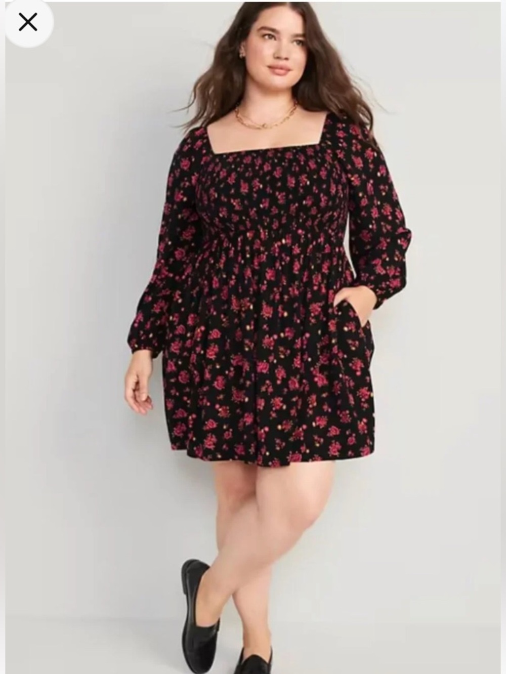 Old Navy Black Floral Square-Neck Mini Dress with Pink Accent
